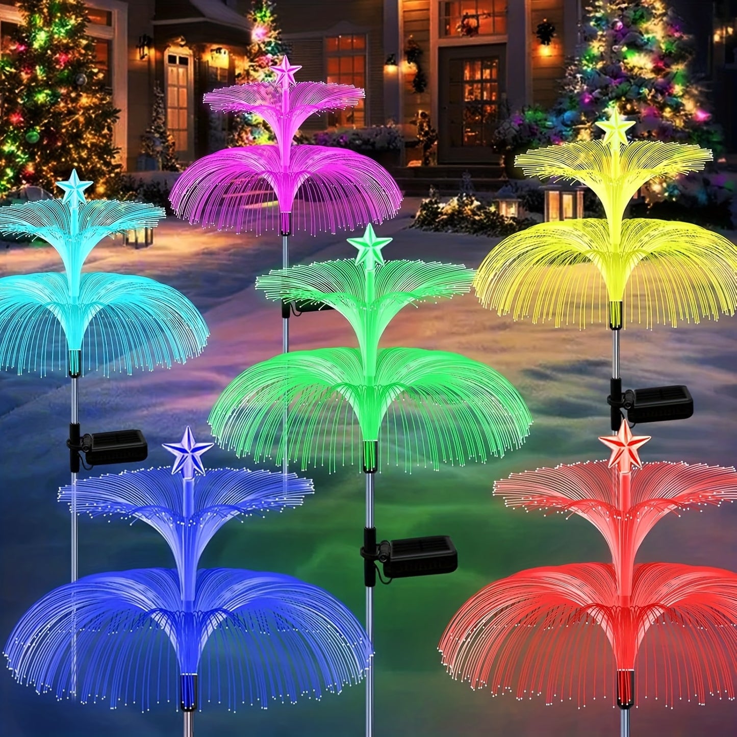 Solar Christmas Tree Lights Fiber Optic Star, 7-Color LED IP65 Waterproof Garden Stake Lights — 2 or 5 Layer Star for Lawn, Pathway, Patio & Holiday Decor | 2, 4 or 6 Pack
