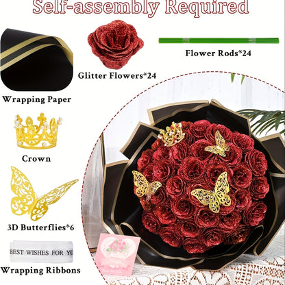 Artificial Rose Bouquet 24 Glitter Roses with 6 Golden Butterflies, Everlasting Shiny Fake Flower Bouquet for Wedding, Anniversary, Engagement & Home Decor | Purple, Red, Pink, Blue