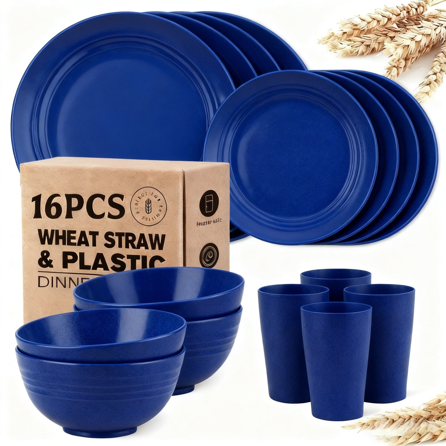 Wheat Straw Dinnerware Set 16 or 32 Piece – Plates & Bowls for 4 or 8 People, Microwave & Dishwasher Safe Plastic Dish Set, Lightweight Colorful Tableware for Home, Party & Holiday
