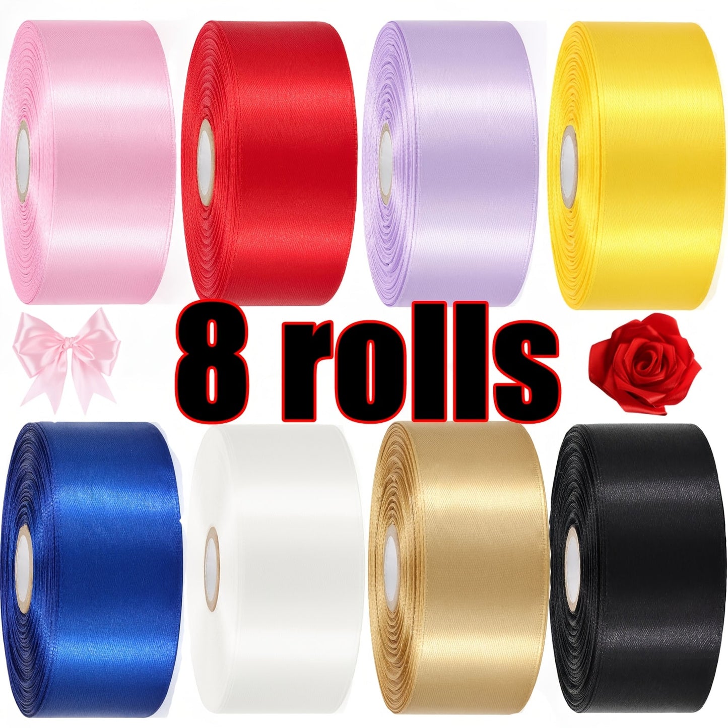 Satin Ribbon 1.5 Inch Wide – 8 Rolls 200 Yards Assorted Colors, Solid Color Silk Ribbon for Gift Wrapping, Hair Bows, Wedding, Party, Christmas & DIY Crafts