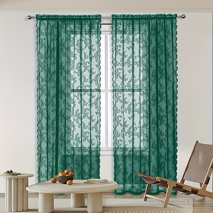 Sheer Lace Curtains 2 Panels Bohemian Floral Semi-Transparent Rod Pocket Window Curtains for Living Room Bedroom All Seasons
