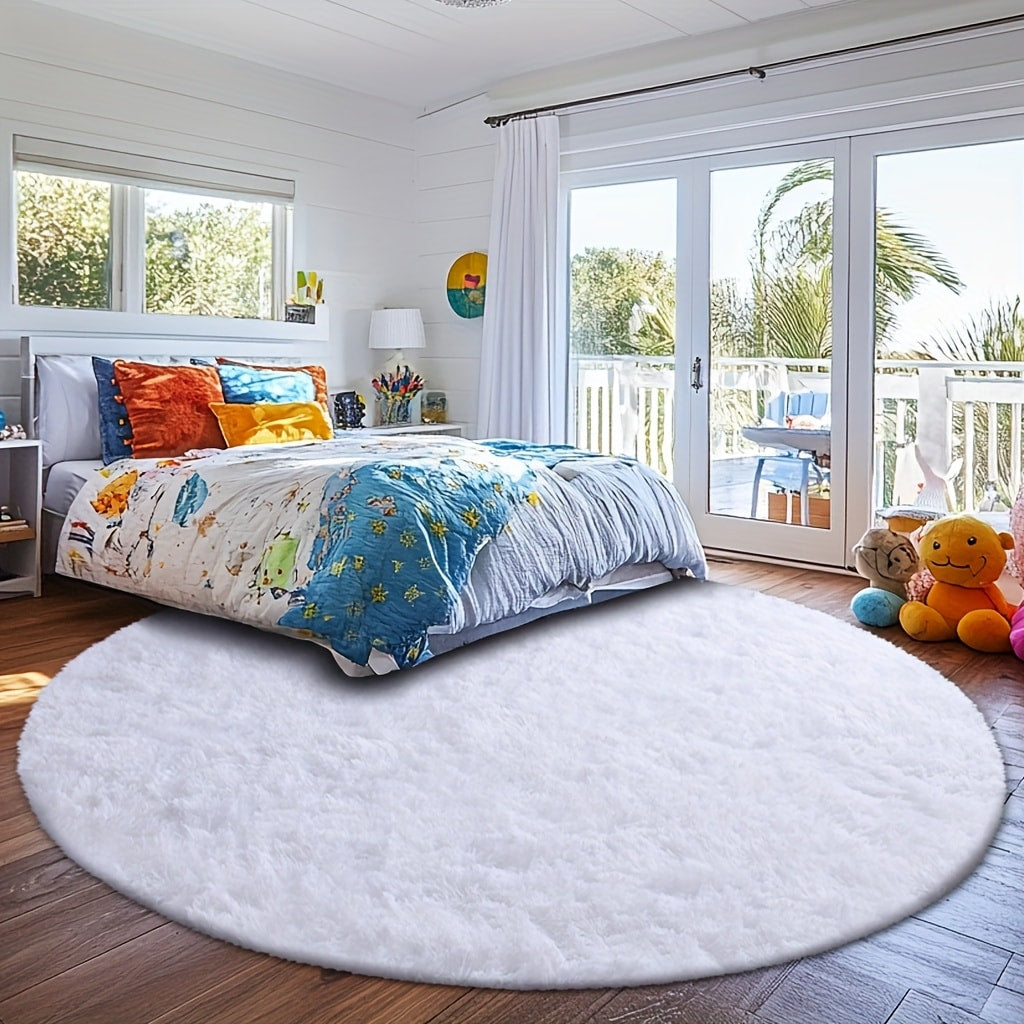 Round Shaggy Plush Rug – Soft Fluffy Circular Carpet for Bedroom & Living Room, Easy Clean