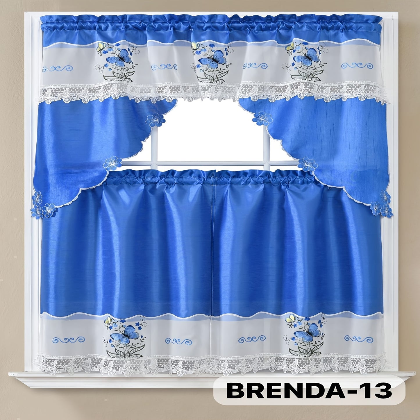 Kitchen Curtains 3 Piece Set Embroidered Satin Valance and Tiers - Rod Pocket Light Filtering Machine Washable 46 Colors Available All Season Home Decor