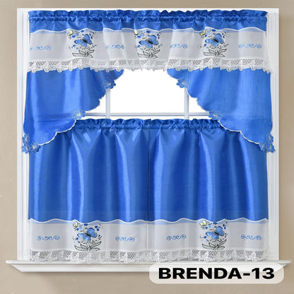 Kitchen Curtains 3 Piece Set Embroidered Satin Valance and Tiers - Rod Pocket Light Filtering Machine Washable 46 Colors Available All Season Home Decor