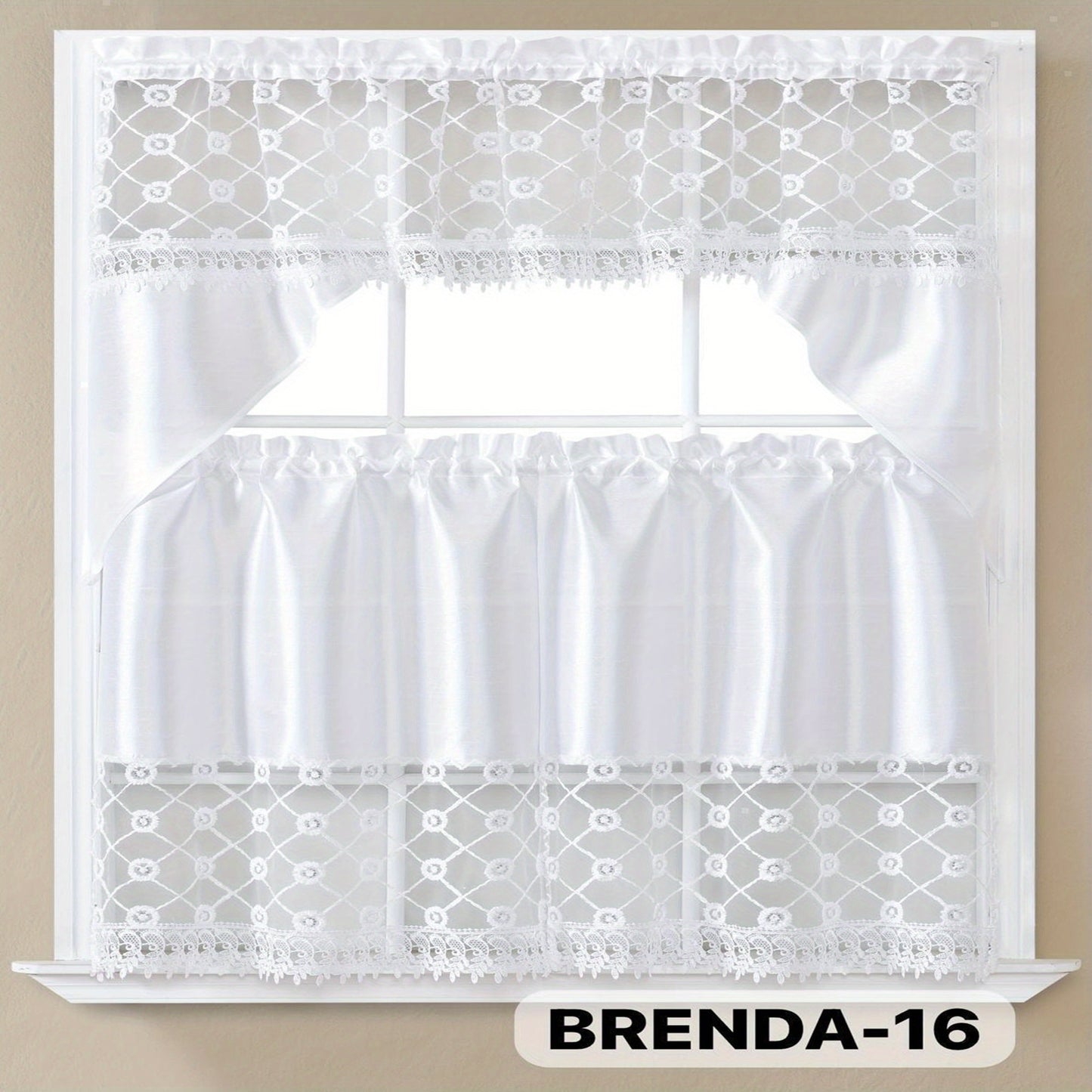 Kitchen Curtains 3 Piece Set Embroidered Satin Valance and Tiers - Rod Pocket Light Filtering Machine Washable 46 Colors Available All Season Home Decor