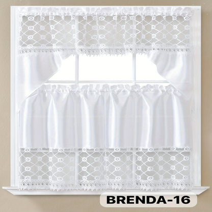 Kitchen Curtains 3 Piece Set Embroidered Satin Valance and Tiers - Rod Pocket Light Filtering Machine Washable 46 Colors Available All Season Home Decor