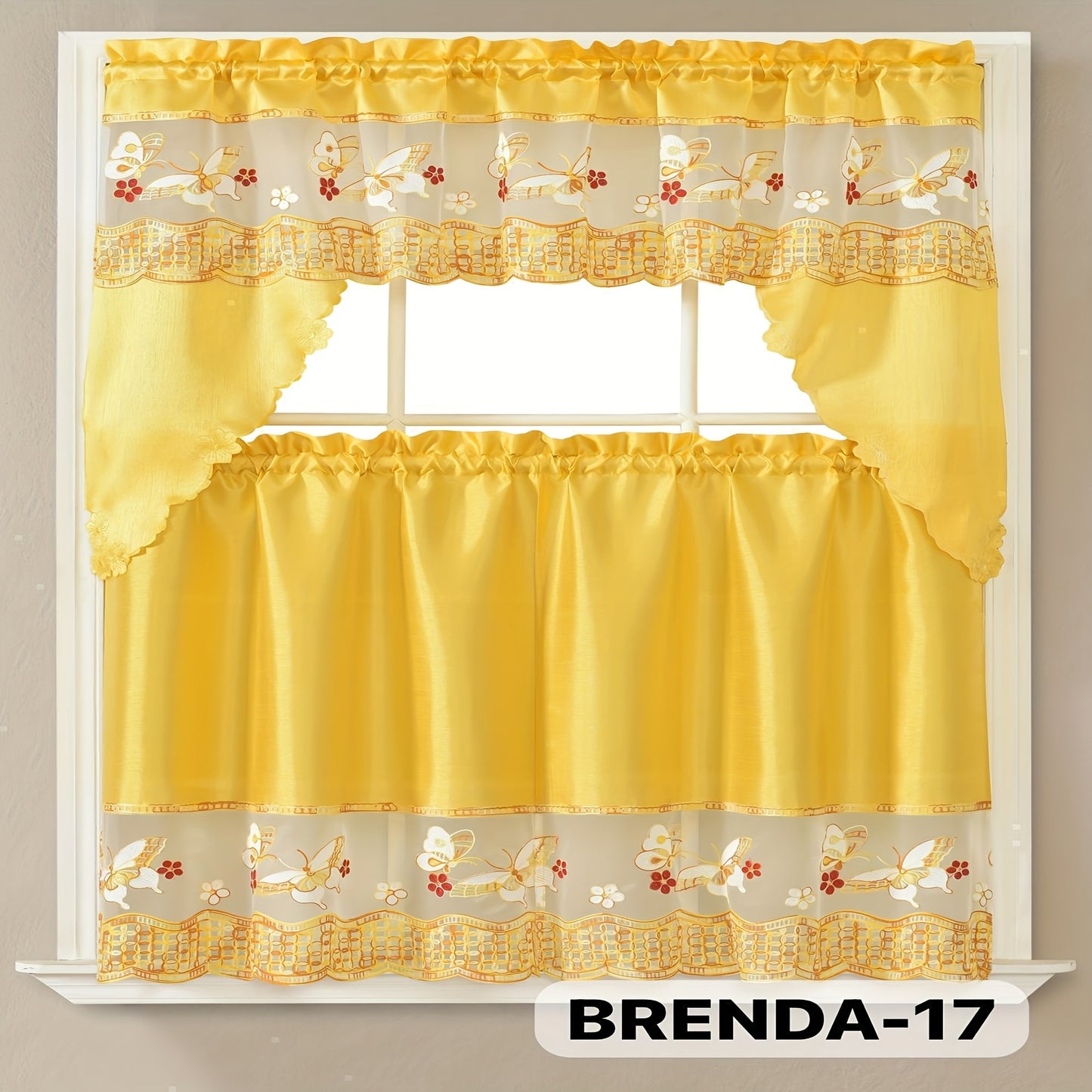 Kitchen Curtains 3 Piece Set Embroidered Satin Valance and Tiers - Rod Pocket Light Filtering Machine Washable 46 Colors Available All Season Home Decor