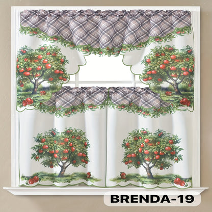 Kitchen Curtains 3 Piece Set Embroidered Satin Valance and Tiers - Rod Pocket Light Filtering Machine Washable 46 Colors Available All Season Home Decor