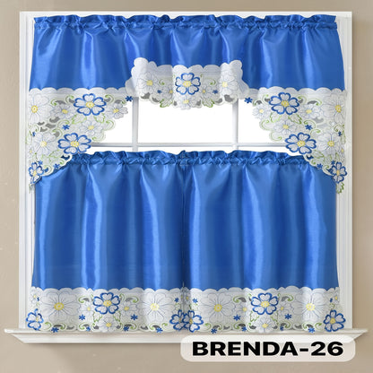 Kitchen Curtains 3 Piece Set Embroidered Satin Valance and Tiers - Rod Pocket Light Filtering Machine Washable 46 Colors Available All Season Home Decor