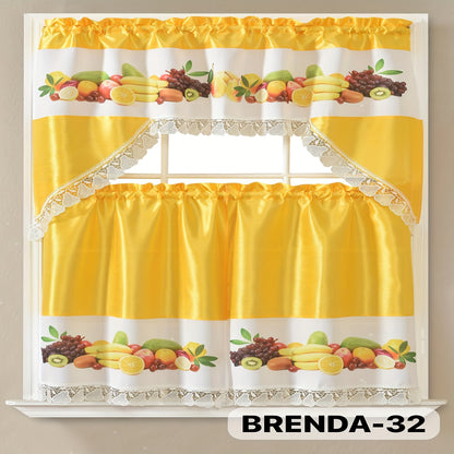 Kitchen Curtains 3 Piece Set Embroidered Satin Valance and Tiers - Rod Pocket Light Filtering Machine Washable 46 Colors Available All Season Home Decor