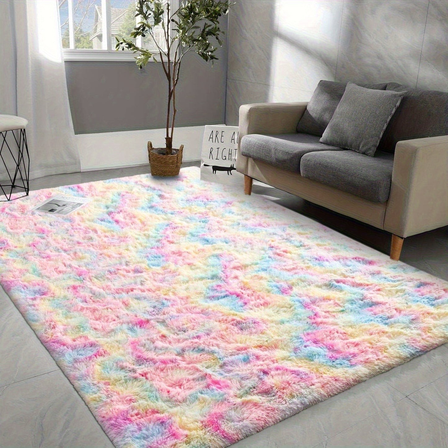 Shaggy Area Rug Soft Plush Fuzzy Carpet Non-Slip Tie-Dye Design for Bedroom Living Room Nursery Dorm — Pet Friendly Machine Washable Multiple Sizes & Colors