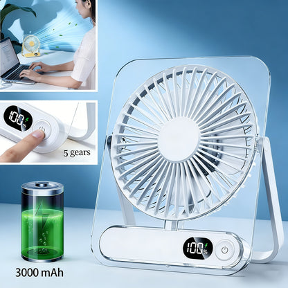 Portable USB Desktop Fan 3000mAh Battery, Ultra-Quiet 5-Speed Foldable Fan with 180° Adjustable Tilt and Digital Power Display, Small Personal Cooling Fan for Home, Office and Travel