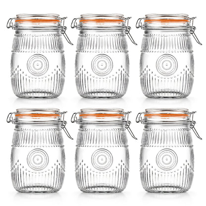 Mason Jars 6 Pack 32oz Wide Mouth Airtight Glass Canister Set with Hinged Lids Vintage Sunflower Pattern Kitchen Storage Jars for Coffee Sugar Beans Spices Dry Goods Pantry Organization