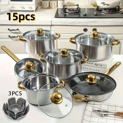 304 Stainless Steel Cookware Set with Golden Handles, 1/10/15pcs Deep Thick Soup Pot & Pan Set for Induction & Gas Stoves, Outdoor Camping & Kitchen Cooking, Pink, Silver & Orange