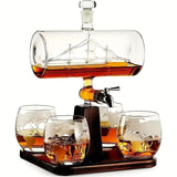 Sailboat decanter (1 decanter + 4 cups + 1 wooden stand)