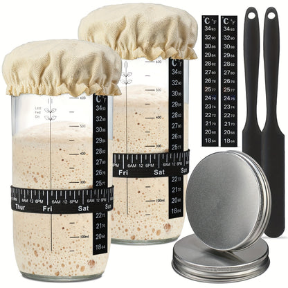 Glass Fermentation Jar Kit 24oz with Thermometer Scraper Cloth Lid Aluminum Lid and Auxiliary Label for Bread Baking Sourdough Juice Fermentation Available in 1 and 2 Pack