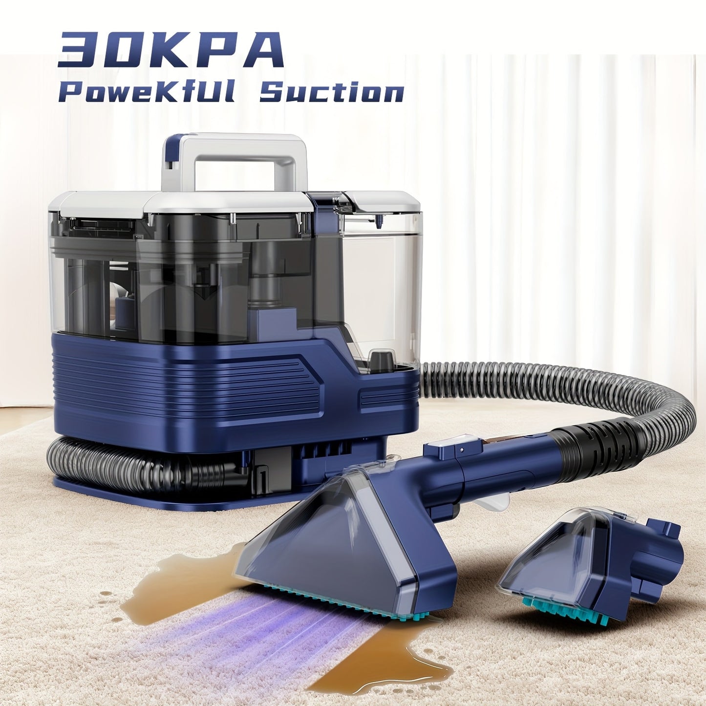 Portable Upholstery Cleaner Machine 30Kpa – Carpet & Spot Cleaner with Dual Brush Head for Deep Stain Removal on Carpet, Couch, Car Seat, Stairs & Pet Messes