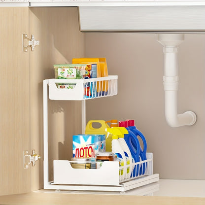 Under Sink Organizer 2-Tier Sliding Pull-Out Metal Rack Cabinet Storage for Kitchen Bathroom Refrigerator Adjustable Shelf Organizer in Black White Gray