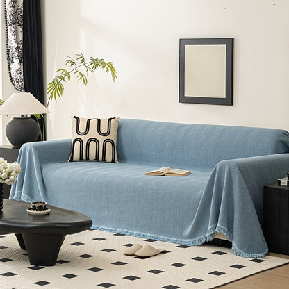 Herringbone Sofa Throw Cover with Tassels Jacquard Woven Solid Color Washable Polyester Sofa Blanket Slipcover for 3 4 Seater Couch Living Room - Grey Coffee Green Blue