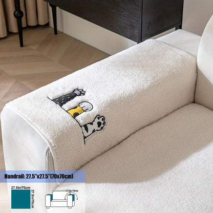 Sherpa Sofa Cover Cat Paw Embroidered Thick Plush Couch Slipcover Non-Slip Seat Cushion Protector Pet-Friendly Machine Washable Furniture Cover for Living Room Home Decor