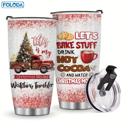 Christmas Tumbler 20oz Stainless Steel Insulated Travel Mug with Lid & Straw Holiday Xmas Patterns Red Truck Snowman Santa Gift for Men Women Friends Teachers