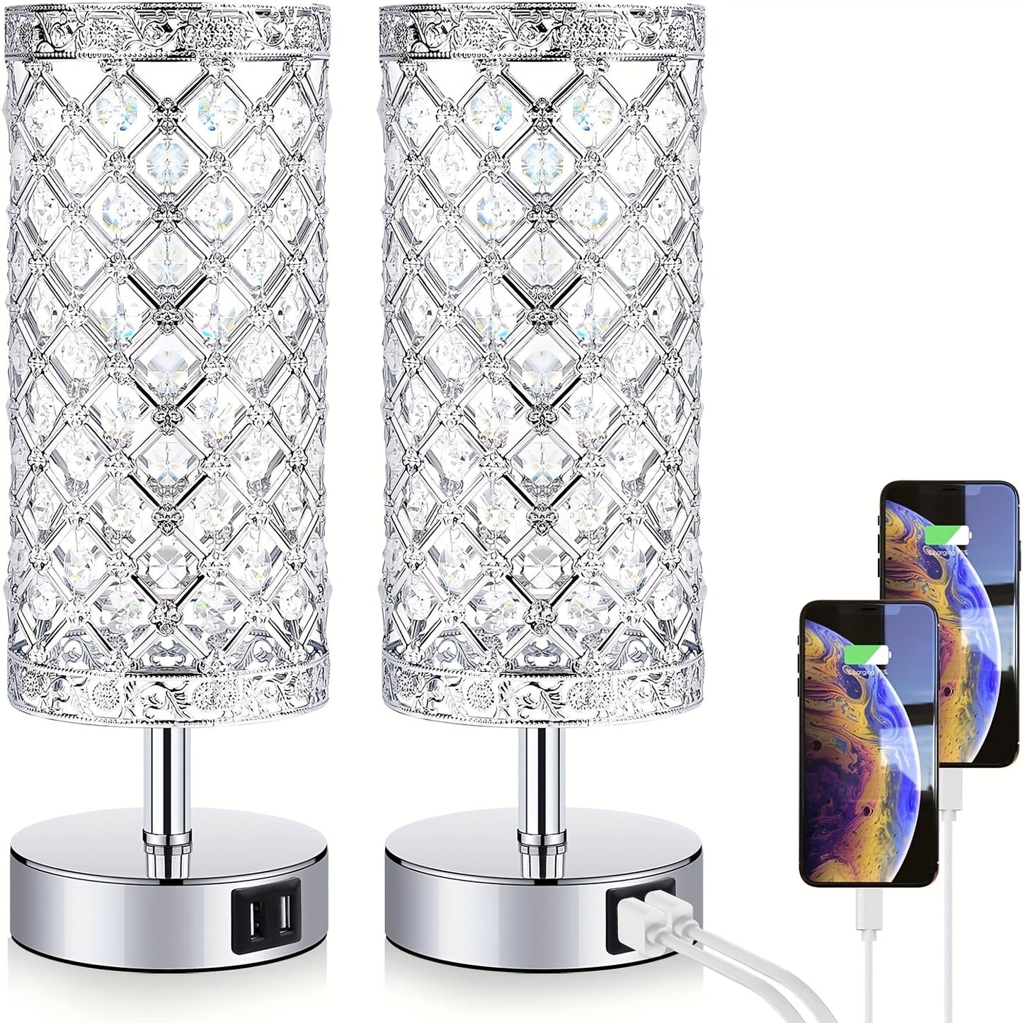 Crystal Bedside Table Lamp with Touch Control & 2 USB Charging Ports, 3-Way Dimmable Nightstand Lamp with Decorative Crystal Base, LED Bulb Included, for Bedroom Living Room Office