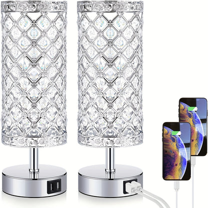 Crystal Bedside Table Lamp with Touch Control & 2 USB Charging Ports, 3-Way Dimmable Nightstand Lamp with Decorative Crystal Base, LED Bulb Included, for Bedroom Living Room Office