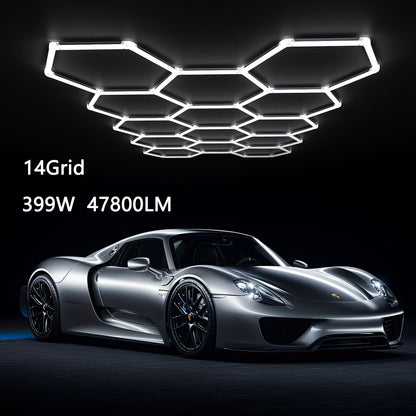 LED Hexagonal Garage Light 6500K – Super Bright Daylight White Shop Light 42W–620W for Auto Detailing, Warehouse, Workshop, Basement & Gym (1 to 32 Grids, Hex Frame Available)