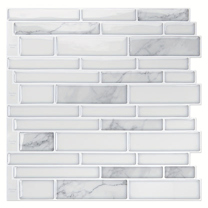 Peel and Stick Backsplash Tile Stickers 10-Sheet - White Marble Self Adhesive Wall Tiles for Kitchen & Bathroom, No Grout DIY Stick On Tiles | Heat & Moisture Resistant, Easy Install Backsplash