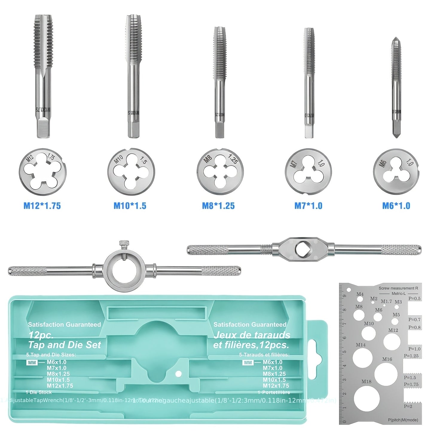 Tap and Die Set Metric – 12-Piece & 40-Piece M3-M12 Thread Plug Straight Taper with Pitch Calipers & Wrench, Internal & External Threading Tool Kit for Metal, DIY & Home Repair