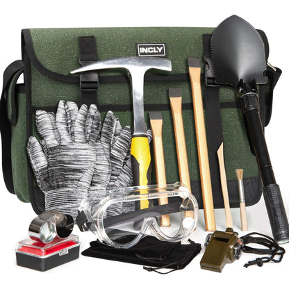 Geology Rock Pick Hammer Kit 15-Piece – 32oz Rock Hammer, 3 Digging Chisels, Shovel, Compass, Whistle & Musette Bag for Rock Hounding, Fossil Hunting & Gold Prospecting