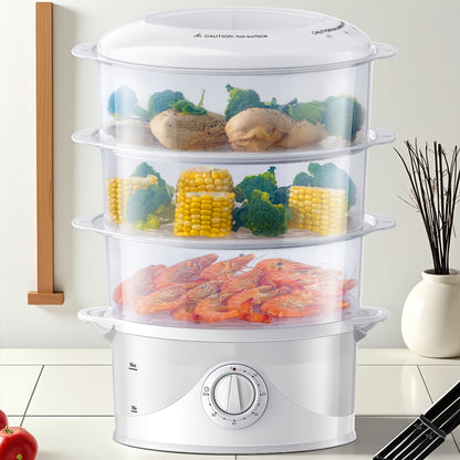 Electric Food Steamer 3-Tier 9.6QT Large Capacity, 800W Fast Cooking, 60-Min Timer, Boil-Dry Protection, Dishwasher Safe & BPA-Free – Multi-Tier Steamer for Vegetables, Dumplings & Family Dinners